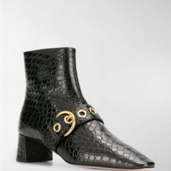 Authentic Prada Black Croc-Embossed Ankle Booties with Gold Accents - Picture 1 of 10
